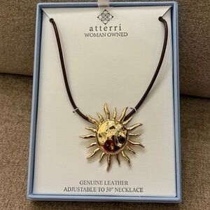 NWT Atterri Gold Sun Pendant Brown Leather Adjustable Necklace Spring Summer